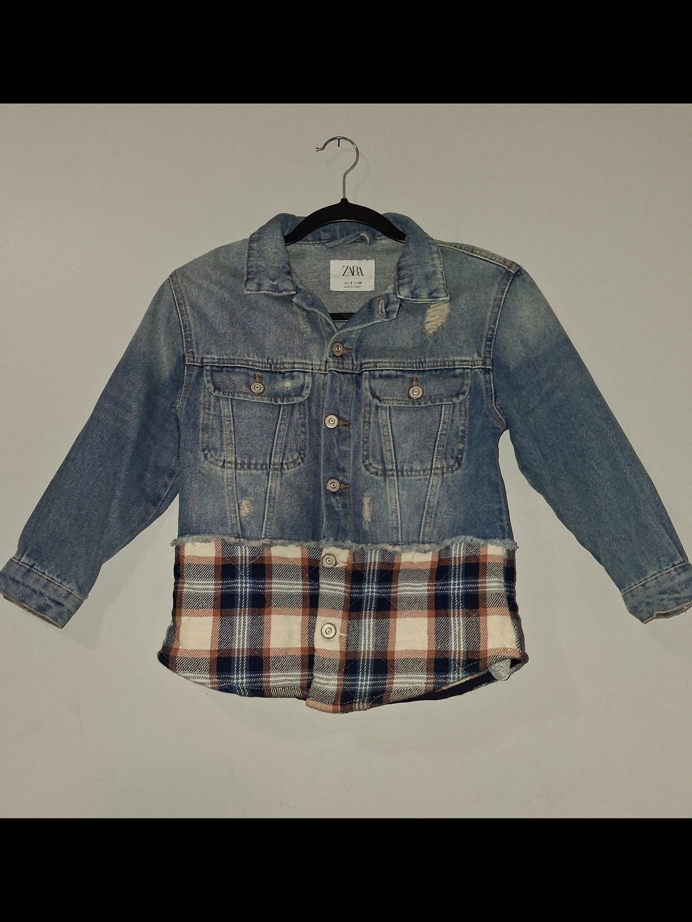 Zara Kids Denim Jacket with Plaid Hem - Blue